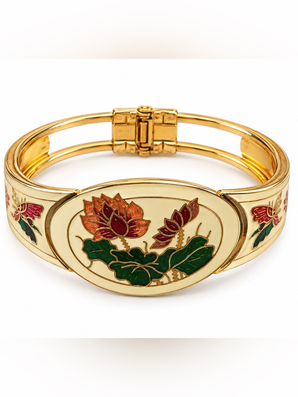 Vintage Cloisonné Clamp Bracelet Floral Butterfly Gold Tone Hinged Bangle